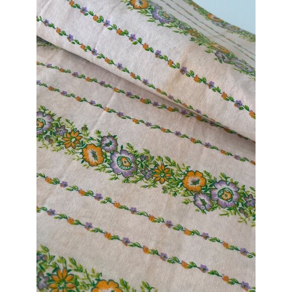 Fabric Purple Orange Floral Stripes White Ivory Quilting Sewing Remnants Art VTG - Picture 8 of 13